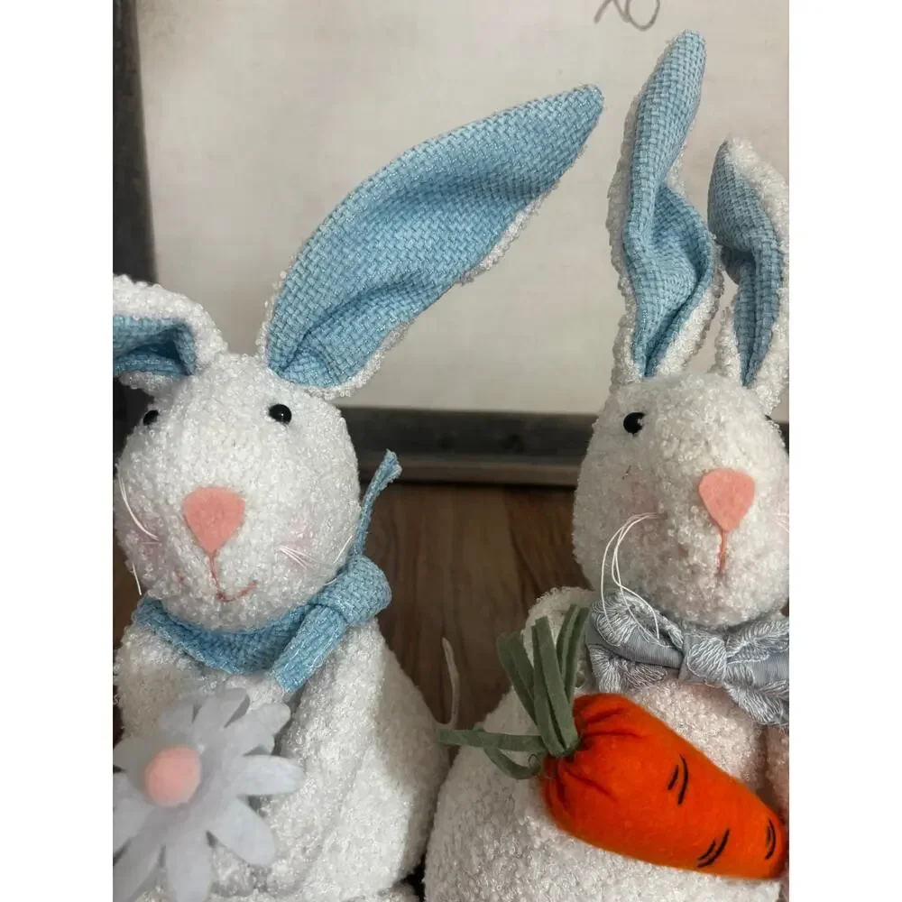 Burton + Burton Easter Bunny Decor Set Plush White Rabbits Carrot & Daisy 11
